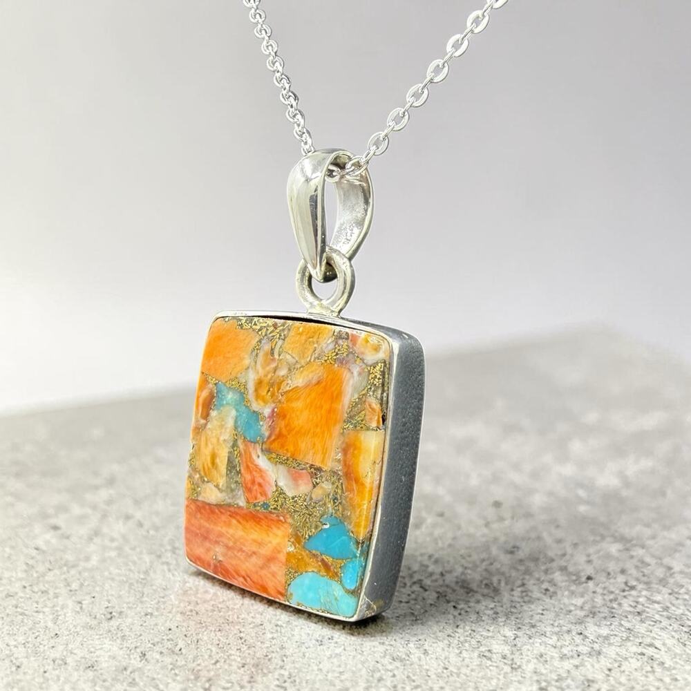 Spiny Oyster Copper Turquoise Pendant Necklace 925 Sterling Silver 18in Chain - Picture 2 of 6